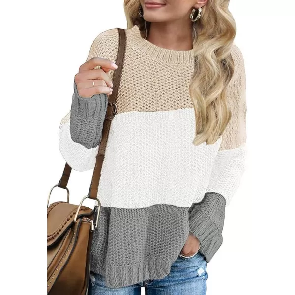 imageZESICA Womens 2023 Fall Long Sleeve Crew Neck Striped Color Block Casual Loose Knitted Pullover Sweater TopsLightkhaki