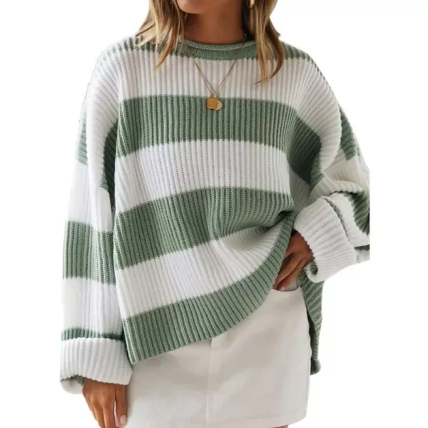 imageZESICA Womens 2023 Fall Long Sleeve Crew Neck Striped Color Block Comfy Loose Oversized Knitted Pullover SweaterGreen