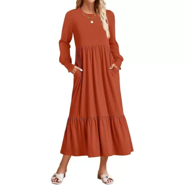 imageZESICA Womens 2023 Fall Long Sleeve Dress Crewneck Casual Loose Pleated Tiered Swing Maxi Dresses with PocketsRust