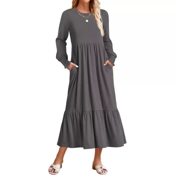 imageZESICA Womens 2023 Fall Long Sleeve Dress Crewneck Casual Loose Pleated Tiered Swing Midi Dresses with PocketsDarkgrey