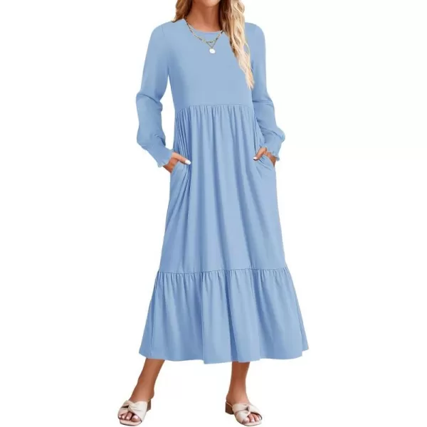 imageZESICA Womens 2023 Fall Long Sleeve Dress Crewneck Casual Loose Pleated Tiered Swing Midi Dresses with PocketsSky