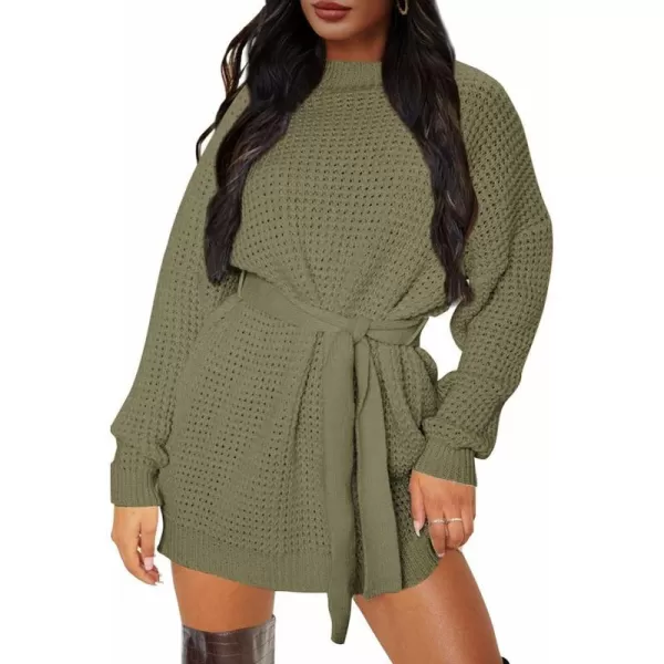 imageZESICA Womens 2023 Fall Long Sleeve Solid Color Waffle Knitted Tie Wasit Tunic Pullover Sweater DressArmy Green