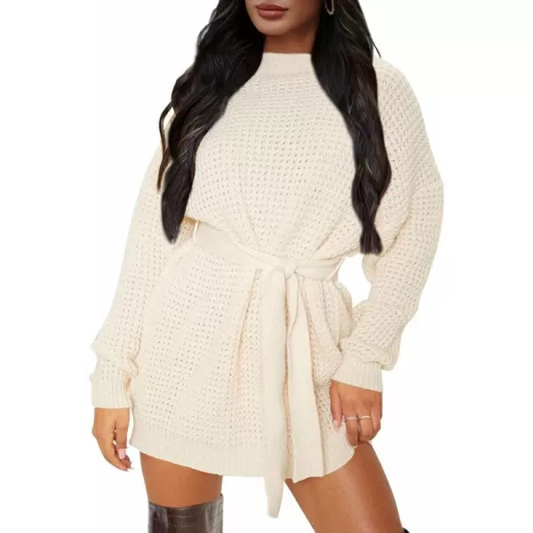 imageZESICA Womens 2023 Fall Long Sleeve Solid Color Waffle Knitted Tie Wasit Tunic Pullover Sweater DressBeige