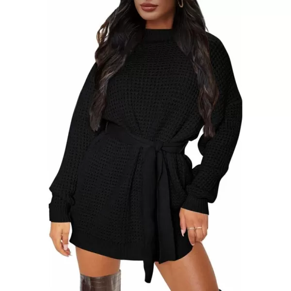 imageZESICA Womens 2023 Fall Long Sleeve Solid Color Waffle Knitted Tie Wasit Tunic Pullover Sweater DressBlack