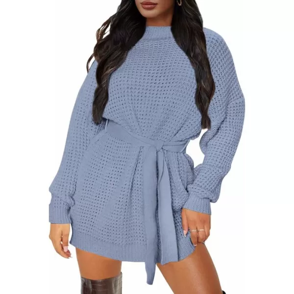imageZESICA Womens 2023 Fall Long Sleeve Solid Color Waffle Knitted Tie Wasit Tunic Pullover Sweater DressBlue