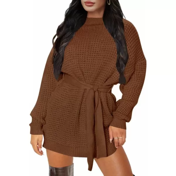 imageZESICA Womens 2023 Fall Long Sleeve Solid Color Waffle Knitted Tie Wasit Tunic Pullover Sweater DressBrown