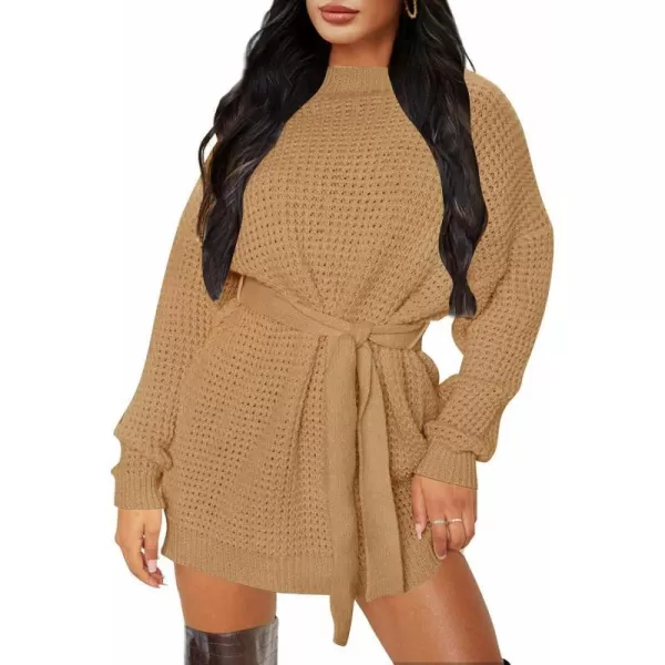 imageZESICA Womens 2023 Fall Long Sleeve Solid Color Waffle Knitted Tie Wasit Tunic Pullover Sweater DressCamel