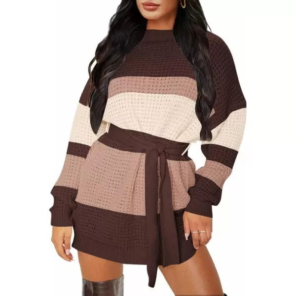 imageZESICA Womens 2023 Fall Long Sleeve Solid Color Waffle Knitted Tie Wasit Tunic Pullover Sweater DressChocolate