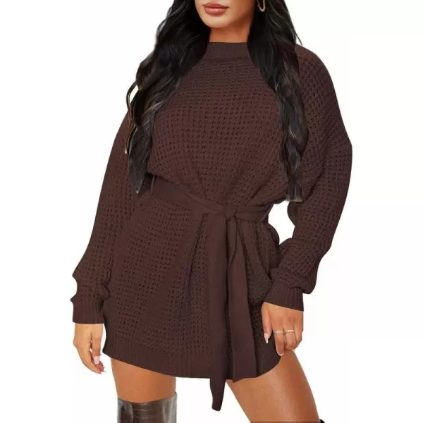 imageZESICA Womens 2023 Fall Long Sleeve Solid Color Waffle Knitted Tie Wasit Tunic Pullover Sweater DressCoffee