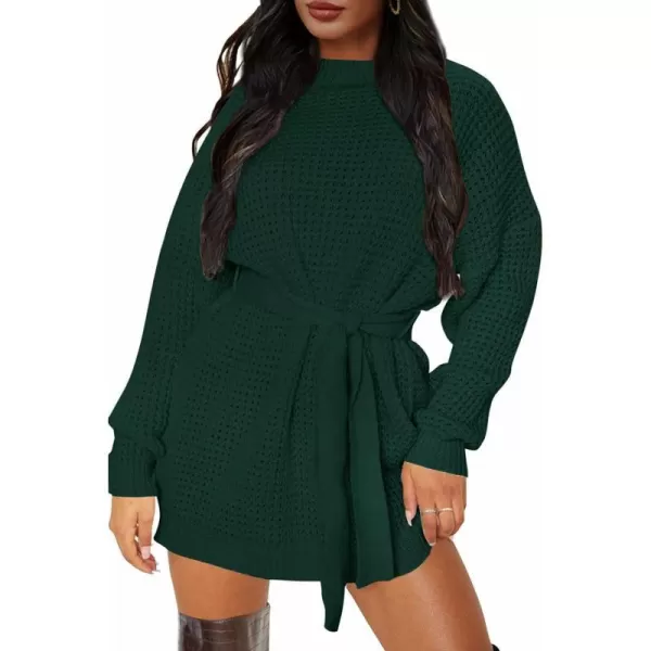 imageZESICA Womens 2023 Fall Long Sleeve Solid Color Waffle Knitted Tie Wasit Tunic Pullover Sweater DressDarkgreen