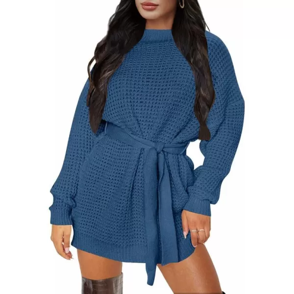 imageZESICA Womens 2023 Fall Long Sleeve Solid Color Waffle Knitted Tie Wasit Tunic Pullover Sweater DressDustyblue