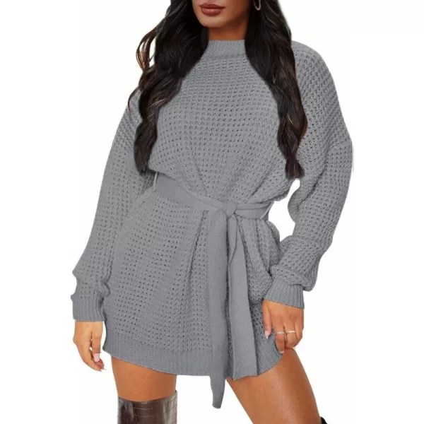 imageZESICA Womens 2023 Fall Long Sleeve Solid Color Waffle Knitted Tie Wasit Tunic Pullover Sweater DressGrey