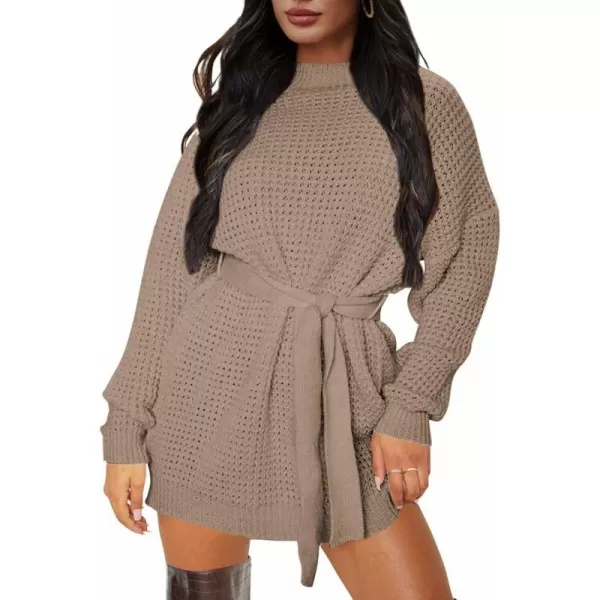 imageZESICA Womens 2023 Fall Long Sleeve Solid Color Waffle Knitted Tie Wasit Tunic Pullover Sweater DressKhaki