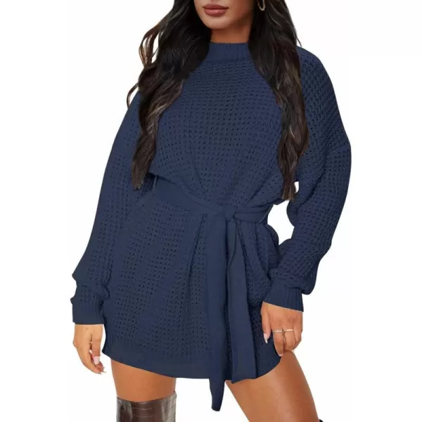 imageZESICA Womens 2023 Fall Long Sleeve Solid Color Waffle Knitted Tie Wasit Tunic Pullover Sweater DressNavy
