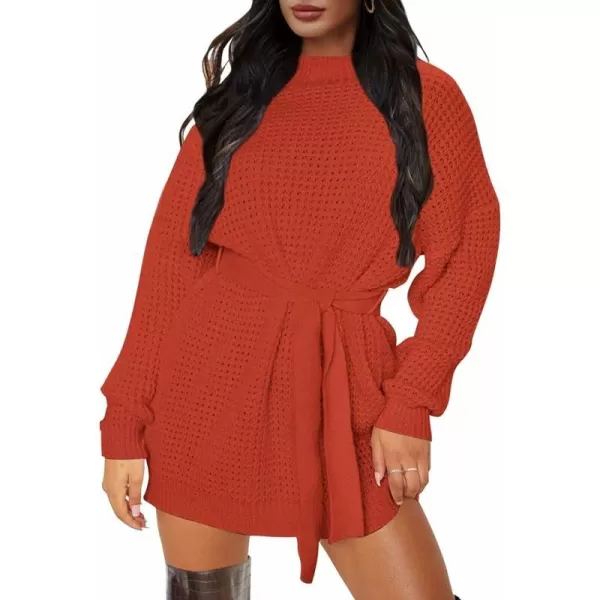 imageZESICA Womens 2023 Fall Long Sleeve Solid Color Waffle Knitted Tie Wasit Tunic Pullover Sweater DressOrange