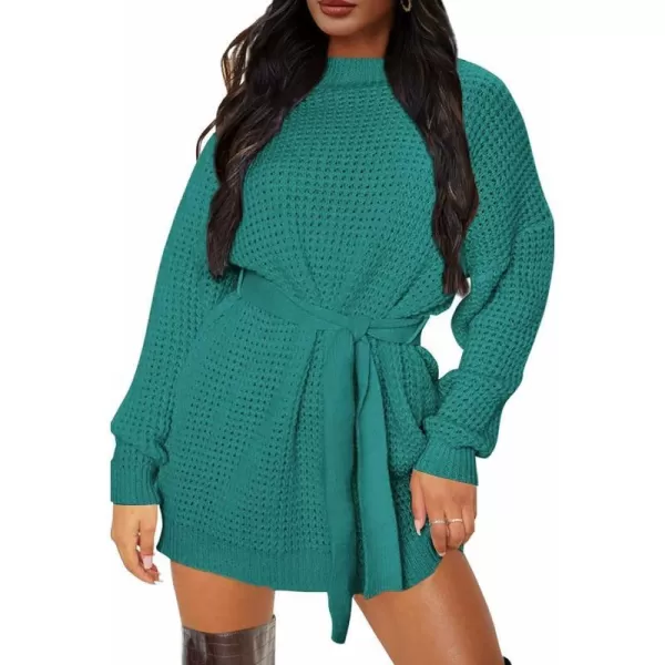imageZESICA Womens 2023 Fall Long Sleeve Solid Color Waffle Knitted Tie Wasit Tunic Pullover Sweater DressPeacock