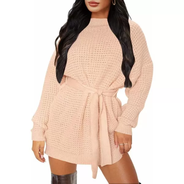 imageZESICA Womens 2023 Fall Long Sleeve Solid Color Waffle Knitted Tie Wasit Tunic Pullover Sweater DressPink