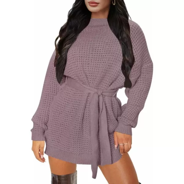 imageZESICA Womens 2023 Fall Long Sleeve Solid Color Waffle Knitted Tie Wasit Tunic Pullover Sweater DressPurple