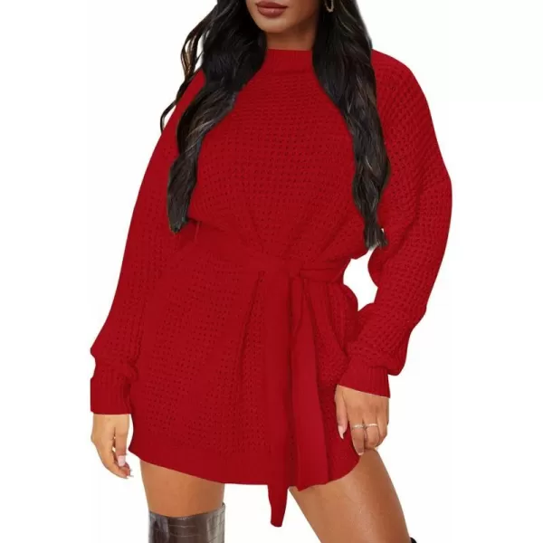 imageZESICA Womens 2023 Fall Long Sleeve Solid Color Waffle Knitted Tie Wasit Tunic Pullover Sweater DressRed
