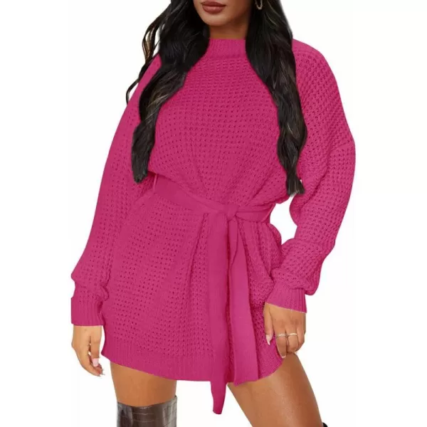 imageZESICA Womens 2023 Fall Long Sleeve Solid Color Waffle Knitted Tie Wasit Tunic Pullover Sweater DressRose