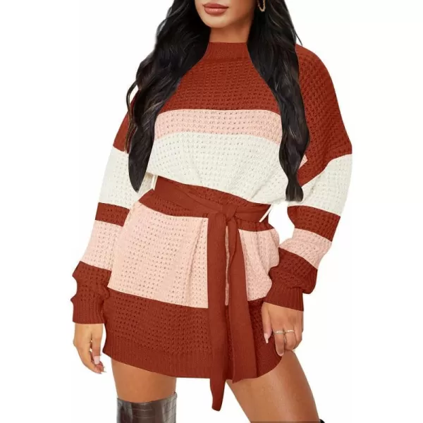 imageZESICA Womens 2023 Fall Long Sleeve Solid Color Waffle Knitted Tie Wasit Tunic Pullover Sweater DressRust