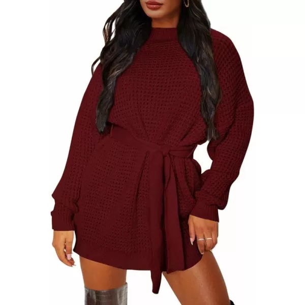 imageZESICA Womens 2023 Fall Long Sleeve Solid Color Waffle Knitted Tie Wasit Tunic Pullover Sweater DressWine