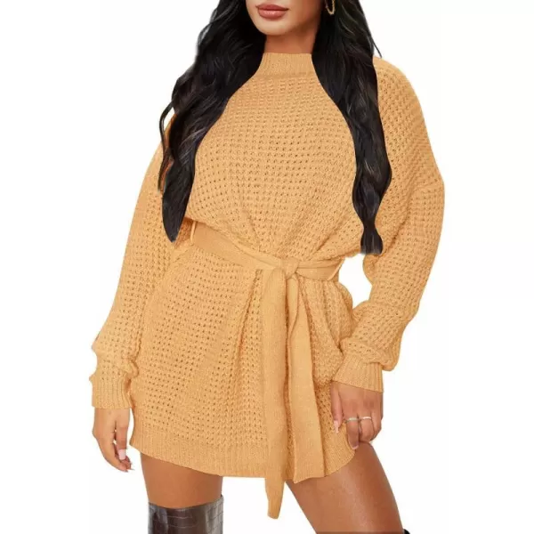 imageZESICA Womens 2023 Fall Long Sleeve Solid Color Waffle Knitted Tie Wasit Tunic Pullover Sweater DressYellow