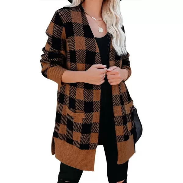 imageZESICA Womens 2023 Fall Long Sleeve Striped Color Block Open Front Draped Loose Knit Lightweight Cardigan Sweater CoatCaramel