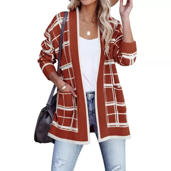 imageZESICA Womens 2023 Fall Long Sleeve Striped Color Block Open Front Draped Loose Knit Lightweight Cardigan Sweater CoatRust