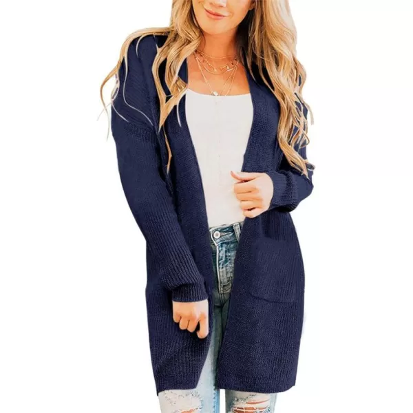 imageZESICA Womens 2023 Fall Long Sleeve Striped Color Block Open Front Draped Loose Knit Lightweight Cardigan Sweater CoatSolid Navy