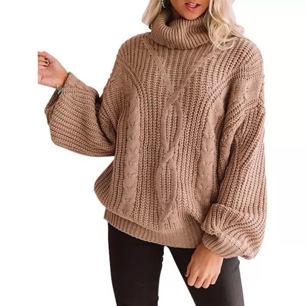 imageZESICA Womens 2023 Fall Long Sleeve Turtleneck Chunky Knit Loose Oversized Sweater Pullover Jumper TopsBrown