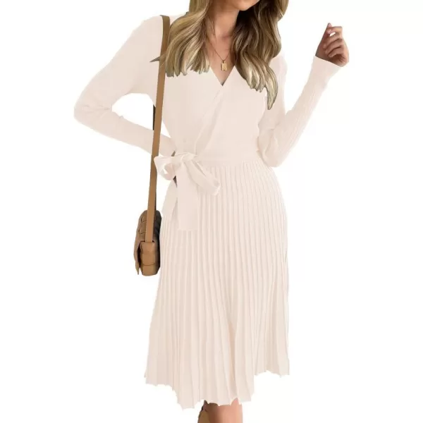 imageZESICA Womens 2023 Fall Long Sleeve Wrap V Neck Ribbed Knit Pleated A Line Pullover Sweater Dress with BeltApricot