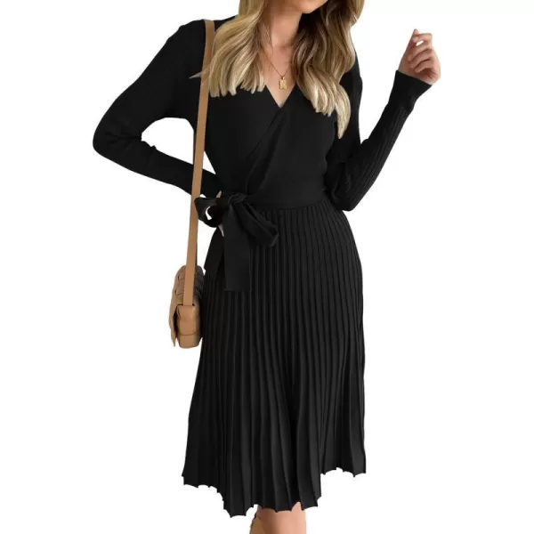 imageZESICA Womens 2023 Fall Long Sleeve Wrap V Neck Ribbed Knit Pleated A Line Pullover Sweater Dress with BeltBlack