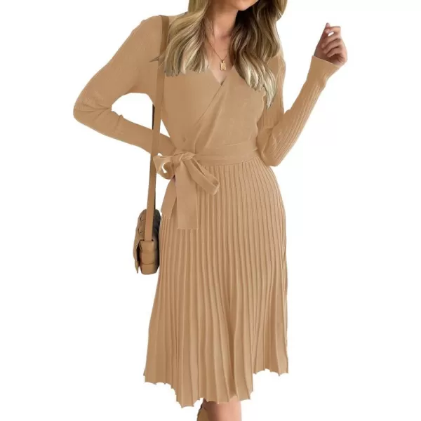 imageZESICA Womens 2023 Fall Long Sleeve Wrap V Neck Ribbed Knit Pleated A Line Pullover Sweater Dress with BeltCamel
