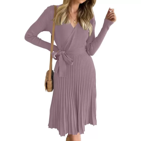 imageZESICA Womens 2023 Fall Long Sleeve Wrap V Neck Ribbed Knit Pleated A Line Pullover Sweater Dress with BeltDarkviolet