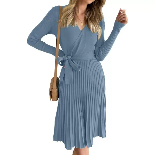 imageZESICA Womens 2023 Fall Long Sleeve Wrap V Neck Ribbed Knit Pleated A Line Pullover Sweater Dress with BeltDustyblue