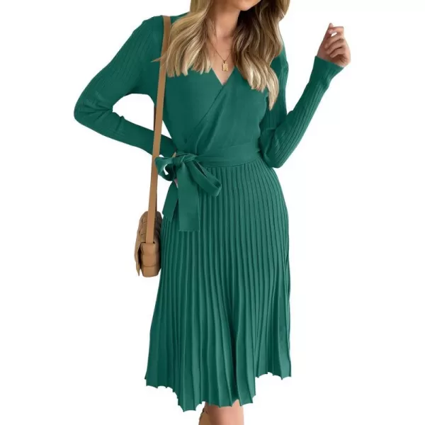 imageZESICA Womens 2023 Fall Long Sleeve Wrap V Neck Ribbed Knit Pleated A Line Pullover Sweater Dress with BeltForestgreen