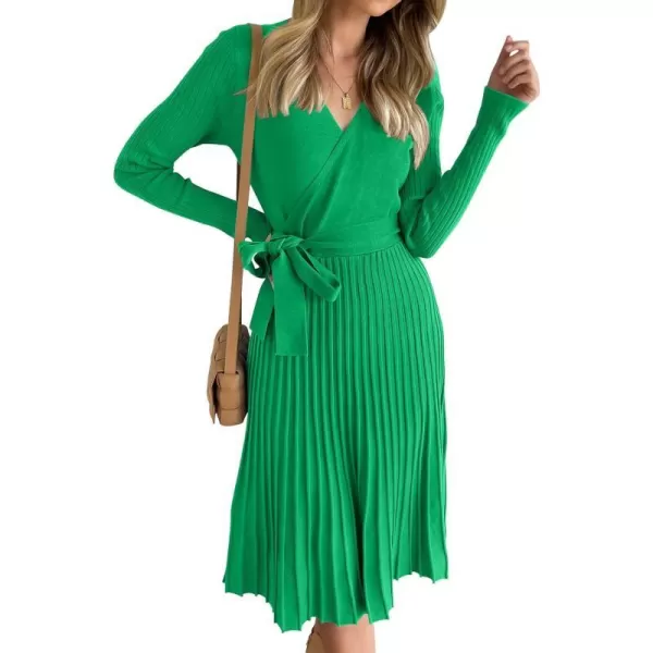 imageZESICA Womens 2023 Fall Long Sleeve Wrap V Neck Ribbed Knit Pleated A Line Pullover Sweater Dress with BeltGreen