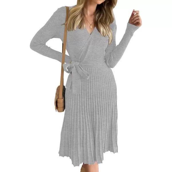 imageZESICA Womens 2023 Fall Long Sleeve Wrap V Neck Ribbed Knit Pleated A Line Pullover Sweater Dress with BeltGrey