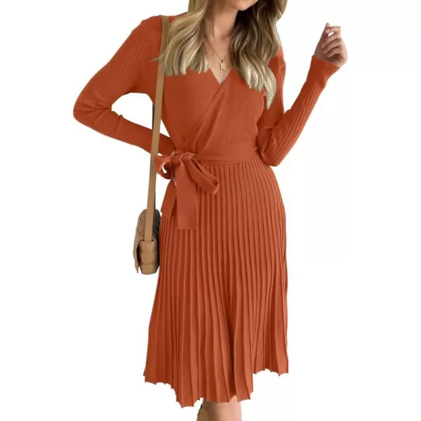 imageZESICA Womens 2023 Fall Long Sleeve Wrap V Neck Ribbed Knit Pleated A Line Pullover Sweater Dress with BeltMaple