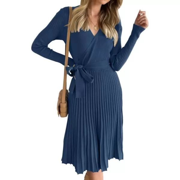 imageZESICA Womens 2023 Fall Long Sleeve Wrap V Neck Ribbed Knit Pleated A Line Pullover Sweater Dress with BeltNavy