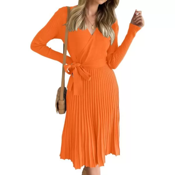 imageZESICA Womens 2023 Fall Long Sleeve Wrap V Neck Ribbed Knit Pleated A Line Pullover Sweater Dress with BeltOrange