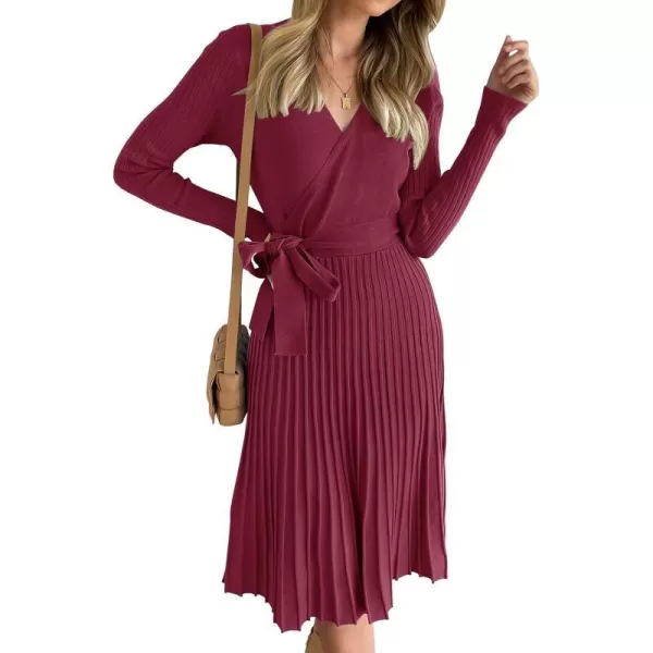 imageZESICA Womens 2023 Fall Long Sleeve Wrap V Neck Ribbed Knit Pleated A Line Pullover Sweater Dress with BeltPlum
