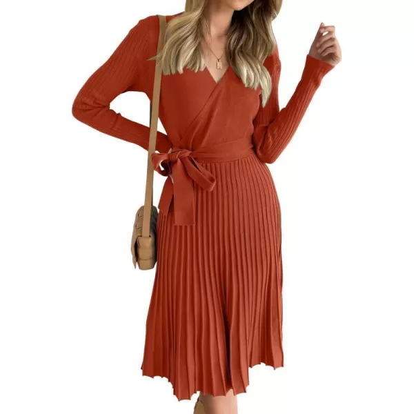 imageZESICA Womens 2023 Fall Long Sleeve Wrap V Neck Ribbed Knit Pleated A Line Pullover Sweater Dress with BeltRust