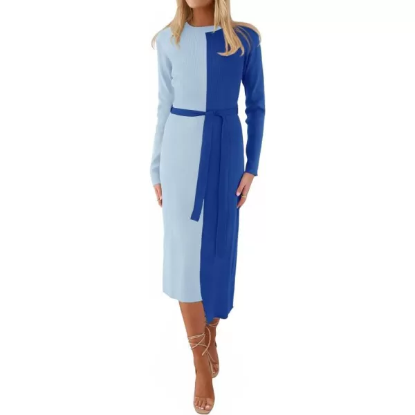 imageZESICA Womens 2023 Fall Ribbed Knit Sweater Dress Elegant Long Sleeve Color Block Tie Waist Slim Fit Bodycon Midi DressesBlue