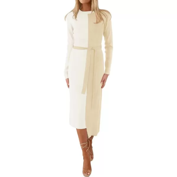 imageZESICA Womens 2023 Fall Ribbed Knit Sweater Dress Elegant Long Sleeve Color Block Tie Waist Slim Fit Bodycon Midi DressesCream