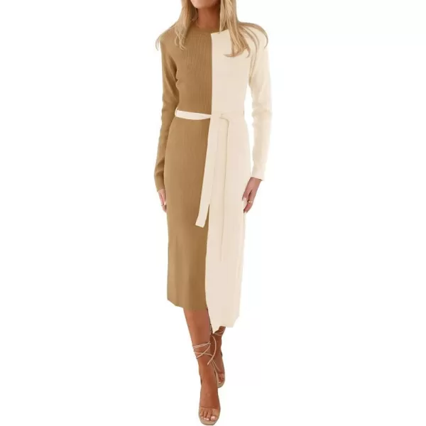 imageZESICA Womens 2023 Fall Ribbed Knit Sweater Dress Elegant Long Sleeve Color Block Tie Waist Slim Fit Bodycon Midi DressesKhaki
