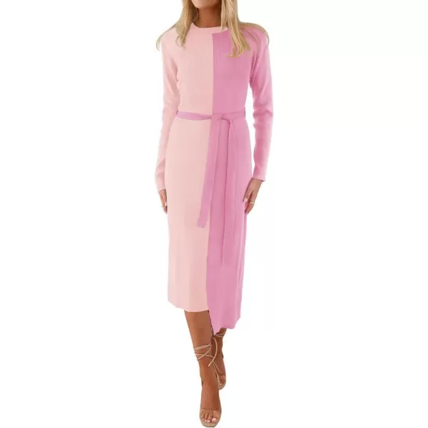 imageZESICA Womens 2023 Fall Ribbed Knit Sweater Dress Elegant Long Sleeve Color Block Tie Waist Slim Fit Bodycon Midi DressesPink