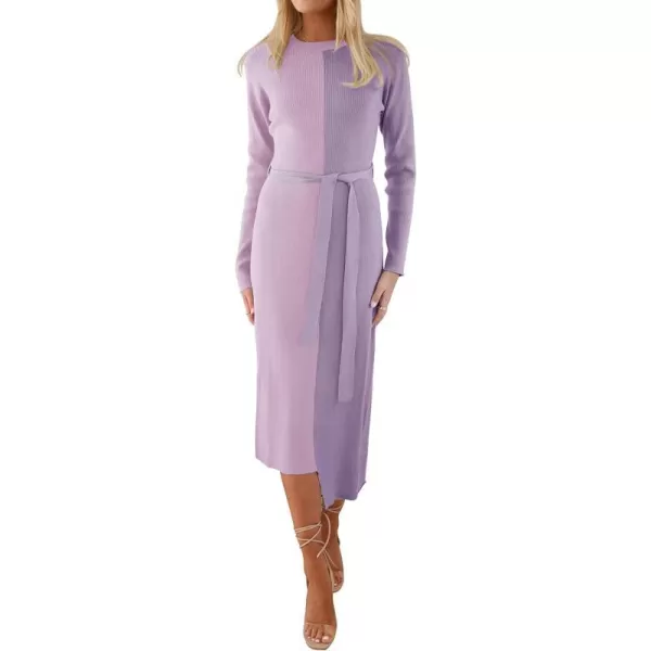 imageZESICA Womens 2023 Fall Ribbed Knit Sweater Dress Elegant Long Sleeve Color Block Tie Waist Slim Fit Bodycon Midi DressesPurple
