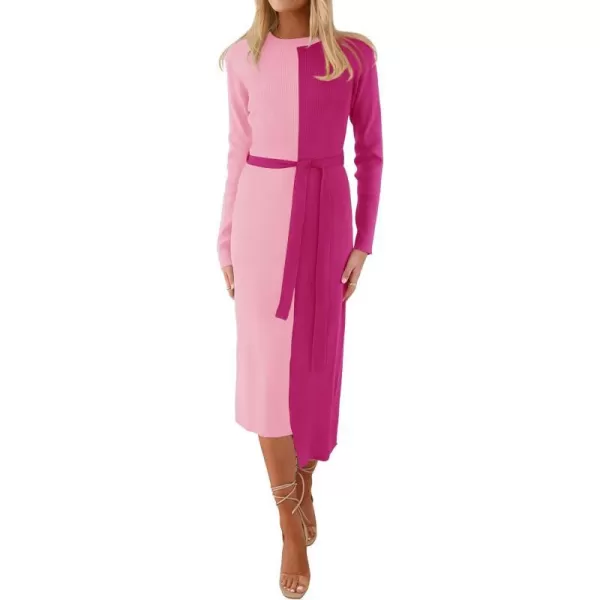 imageZESICA Womens 2023 Fall Ribbed Knit Sweater Dress Elegant Long Sleeve Color Block Tie Waist Slim Fit Bodycon Midi DressesRose
